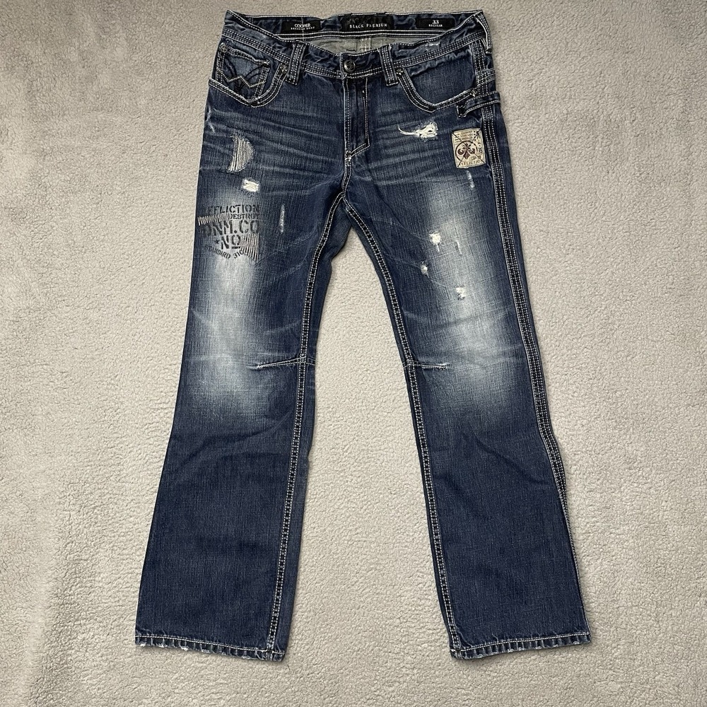 Affliction Cooper Relaxed Boot Jeans Mens 33x32 Blue Distressed Typhoon Wash